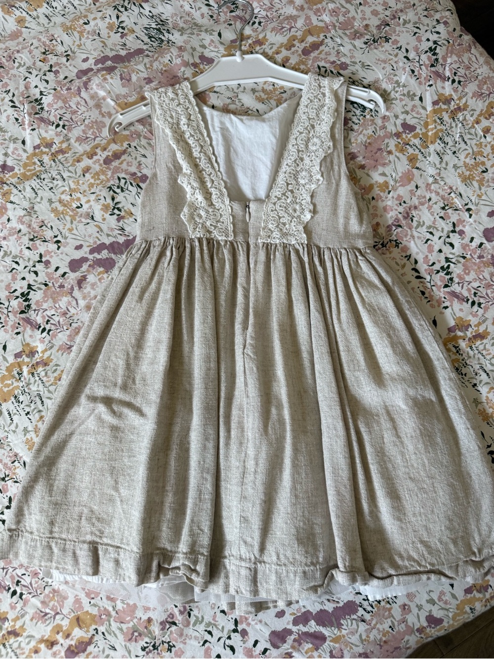 Girls Beige Lace-Trim Sleeveless Dress